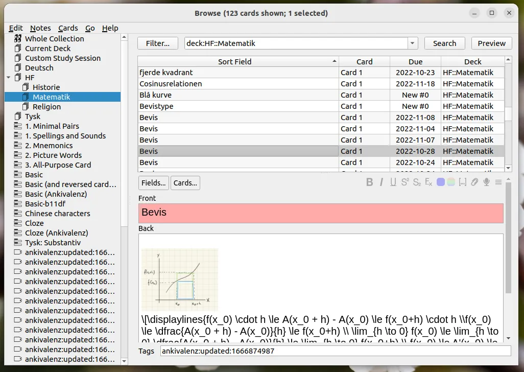 Browsing cards in Anki.