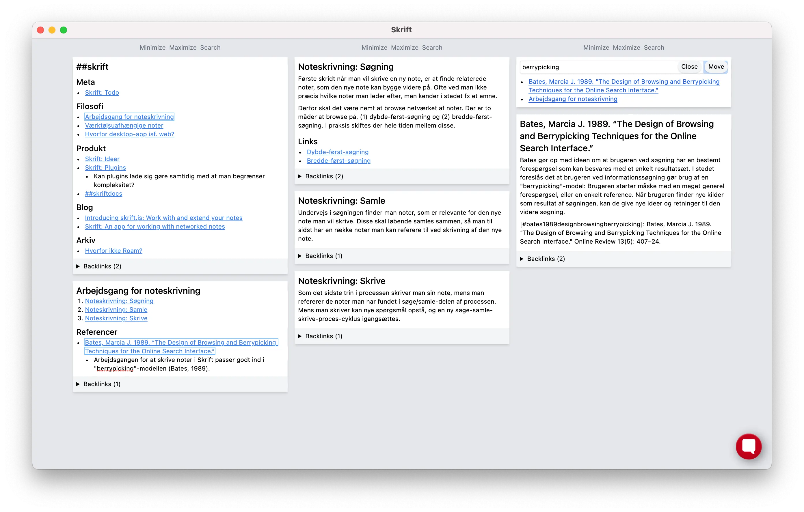 Skrift with a handful of notes and a search card open.