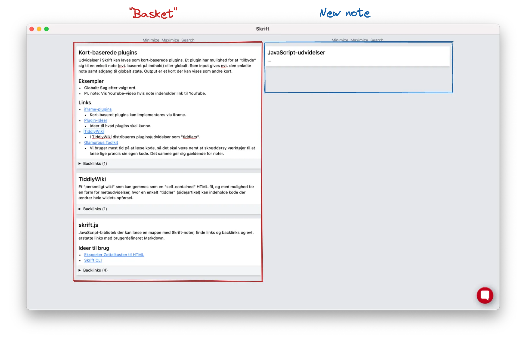Ready to write. Collected notes to the left, new note to the right.